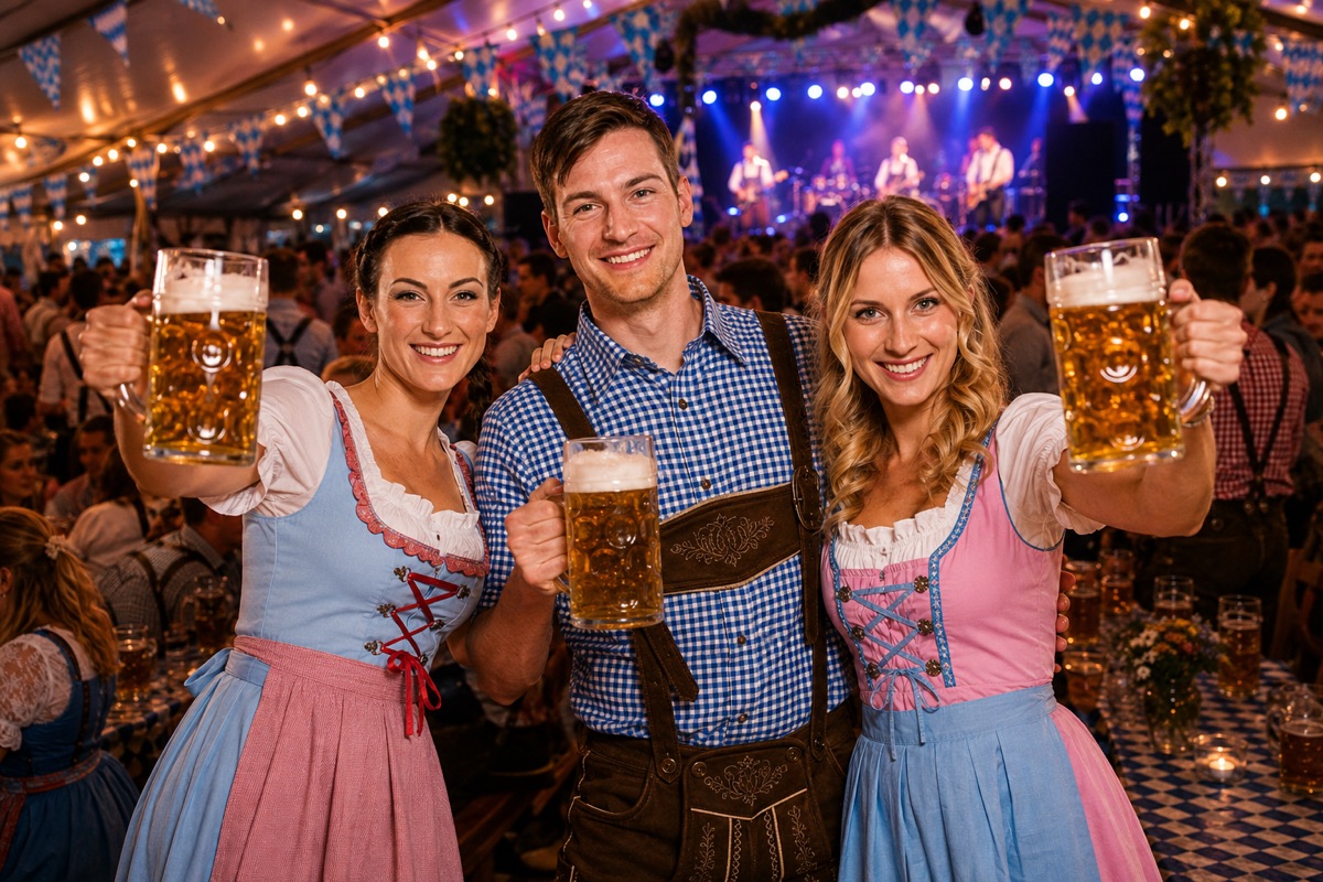 Tre Oktoberfest-gæster i dirndl og lederhosen med ølkrus